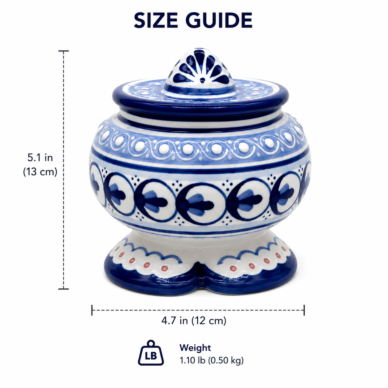 A blue and white patterned ceramic lidded jar shown on a white background with measurement annotations reading 5.1 in height, 4.