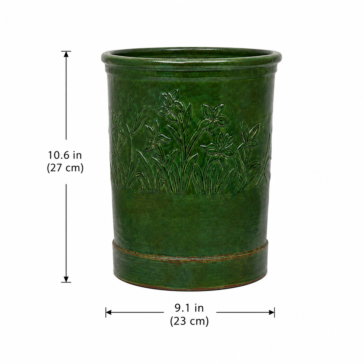 A green glazed ceramic planter with embossed floral detailing, shown with dimension lines indicating a height of 10.6 inches (27 cm) and a base diameter of 9.