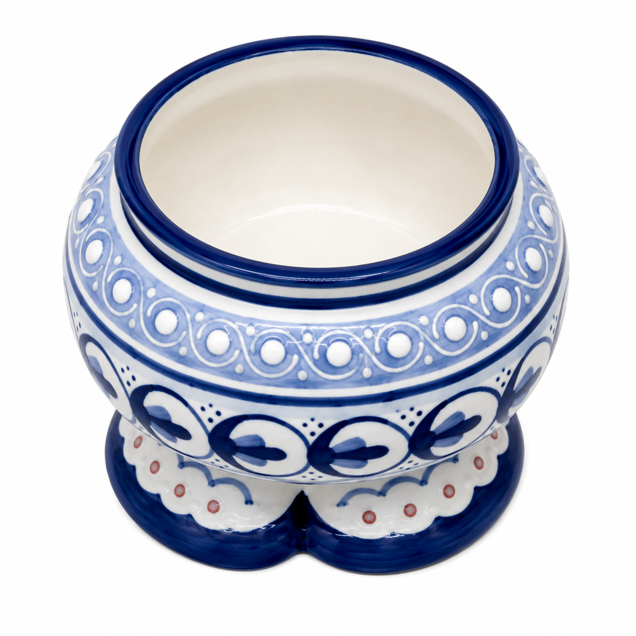 A round ceramic planter pot with a wide rim, featuring a blue and white hand-painted traditional pattern and a small double pedestal base, shown on a white background.