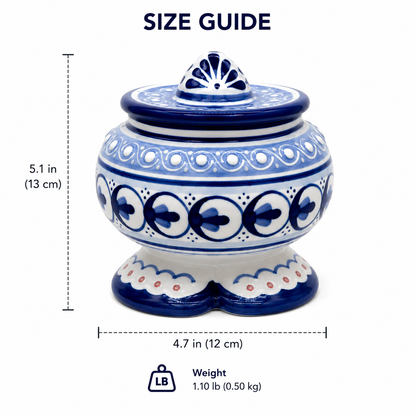 A blue and white patterned ceramic lidded jar shown on a white background with measurement annotations reading 5.1 in height, 4.