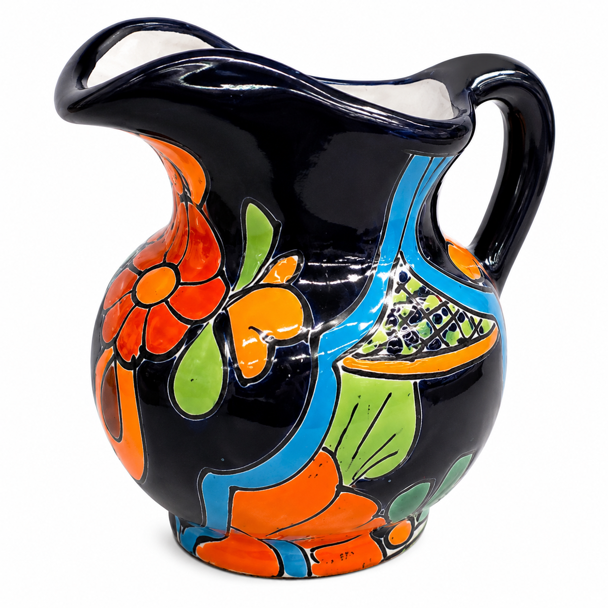 A glossy black ceramic pitcher decorated with vibrant hand-painted floral and leaf patterns in orange, green, and blue, set against a plain white background.