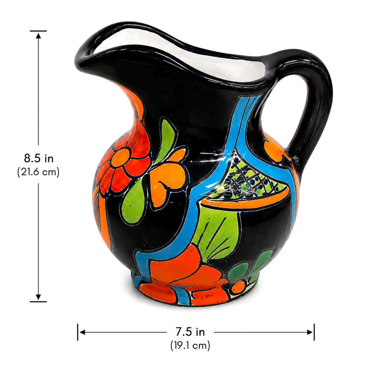 A black ceramic pitcher with a colorful floral and geometric pattern, shown with dimension lines indicating a height of 8.5 in (21.