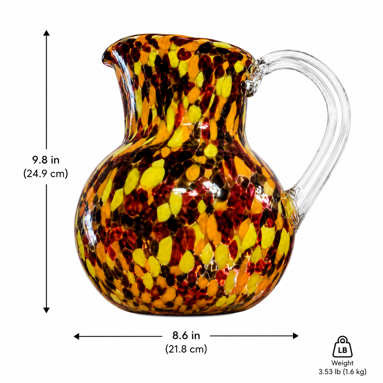 A decorative glass pitcher with a rounded body, spout, and clear handle, shown on a white background with dimension arrows indicating 9.8 in height, 8.