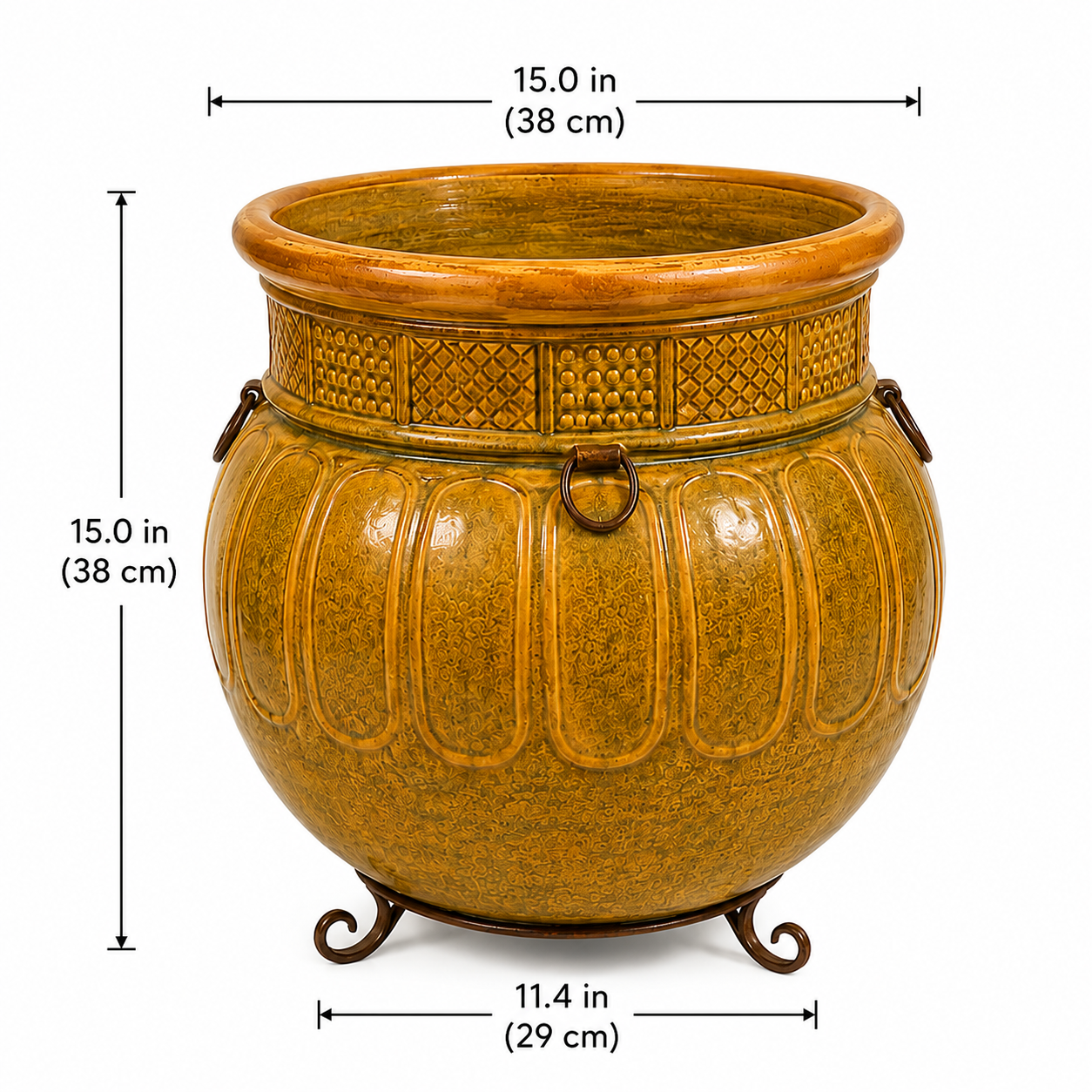A large round ceramic planter pot with a textured golden-brown glaze, decorative band, and metal feet, shown with dimension lines and measurements indicating a height of 15.0 in (38 cm) and a base diameter of 11.