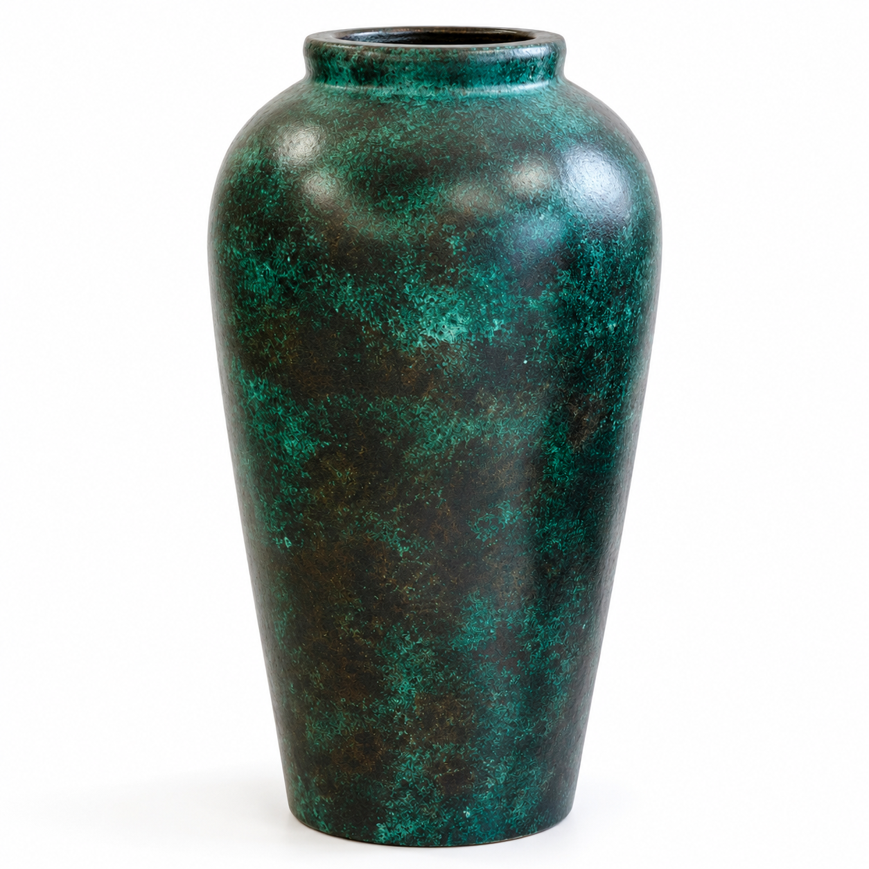 A ceramic vase with a rounded body and short flared rim, featuring a distressed metallic green and black patina finish, shown on a plain white background.