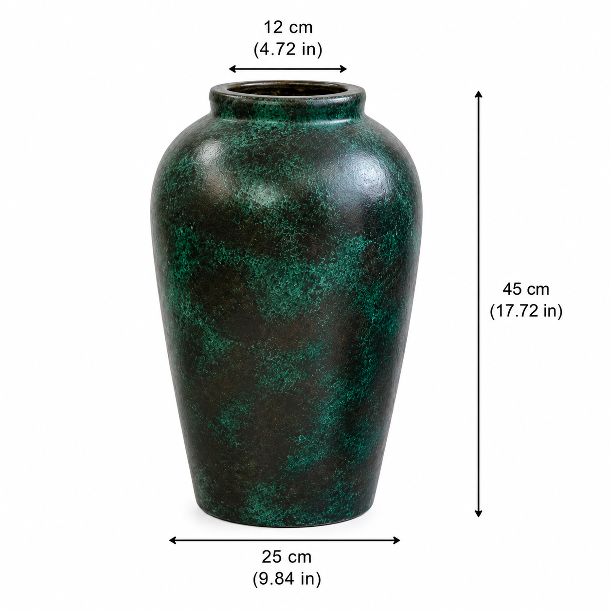A dark green and black textured ceramic vase with dimension labels showing its height of 45 cm (17.72 in), width of 25 cm (9.
