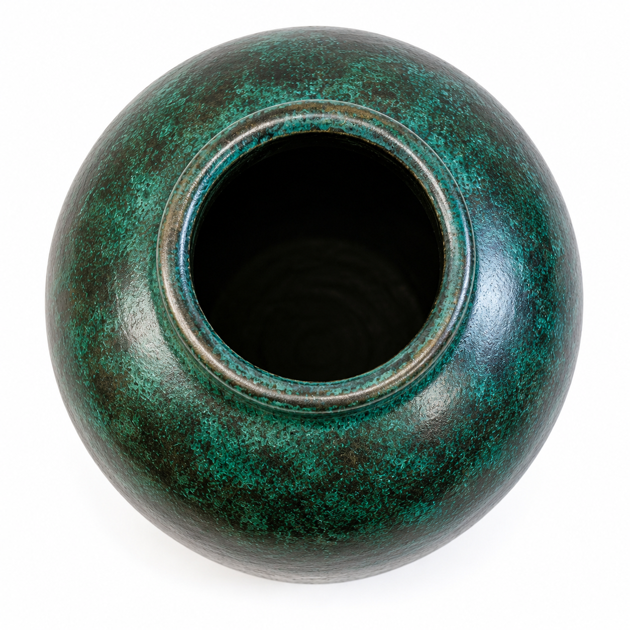 A round ceramic vase with a textured, mottled green and black glaze, shown from a top-down perspective on a white background.