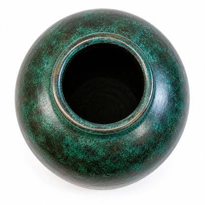 A round ceramic vase with a textured, mottled green and black glaze, shown from a top-down perspective on a white background.