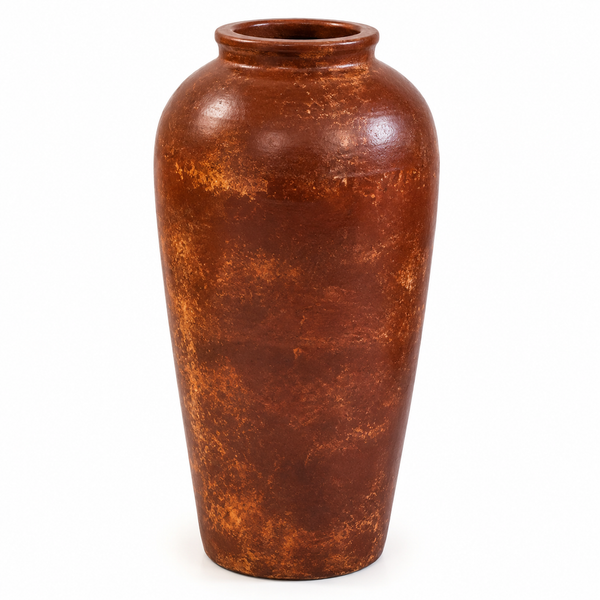 A tall, rounded ceramic vase with a textured, distressed finish in warm reddish-brown and orange tones, set against a plain white background.
