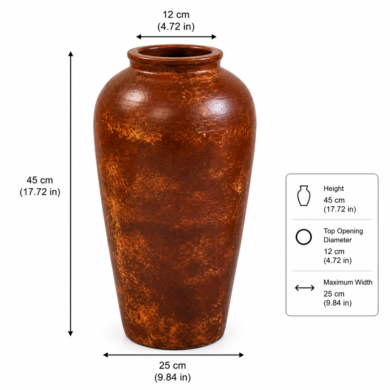 A brown textured ceramic vase with dimension labels showing a height of 45 cm (17.72 in), top opening diameter of 12 cm (4.
