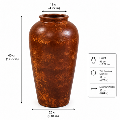 A brown textured ceramic vase with dimension labels showing a height of 45 cm (17.72 in), top opening diameter of 12 cm (4.