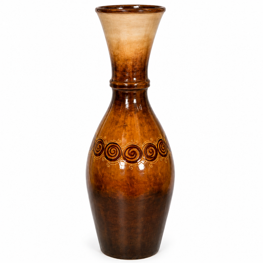 A tall brown ceramic vase with a flared neck and a decorative band of dark spiral motifs around the middle, shown on a plain white background.