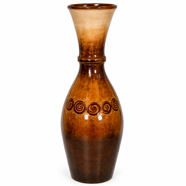A tall brown ceramic vase with a flared neck and a decorative band of dark spiral motifs around the middle, shown on a plain white background.