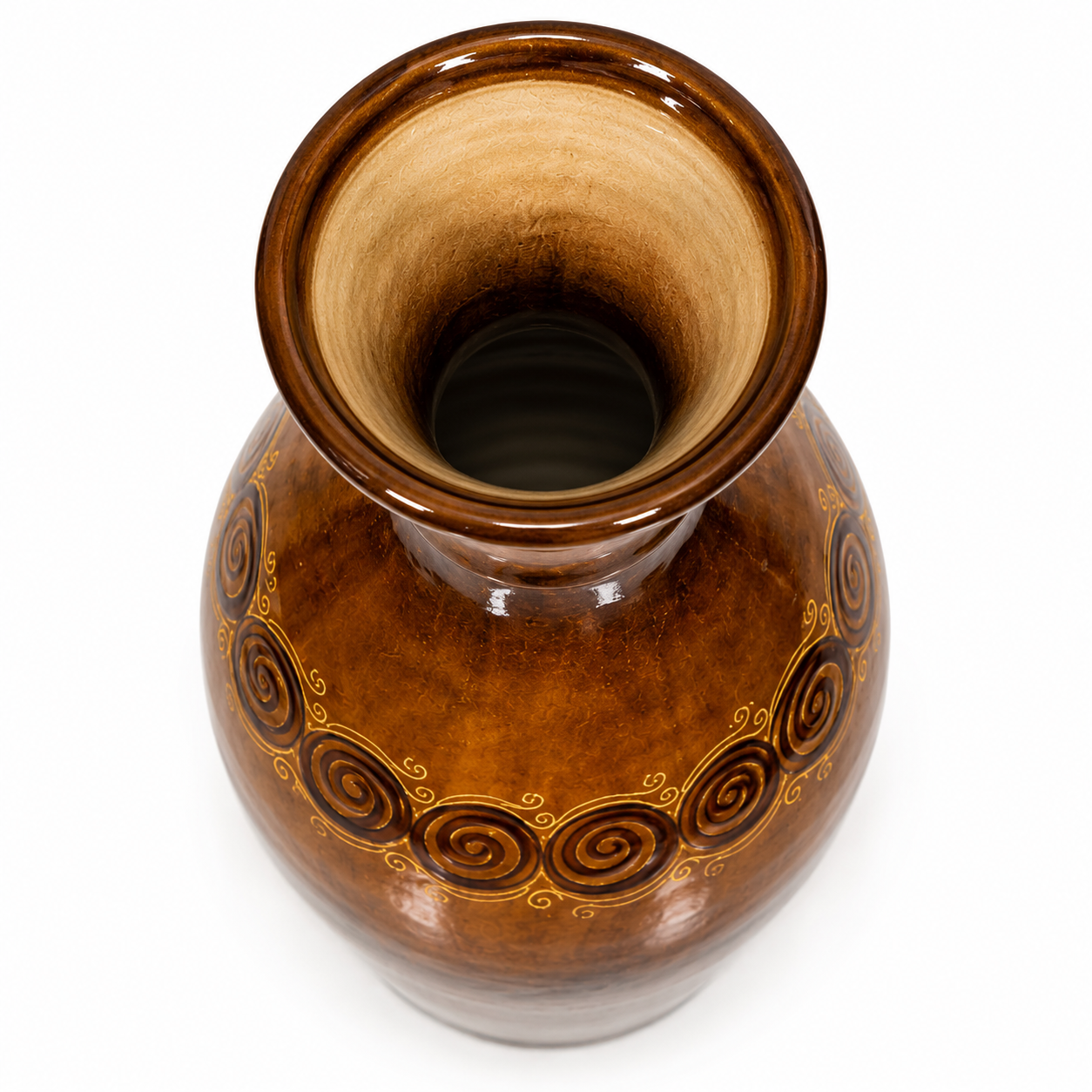 A brown glazed ceramic vase with a wide flared rim and a decorative band of dark brown and gold spiral motifs around the lower body, shown on a white background.