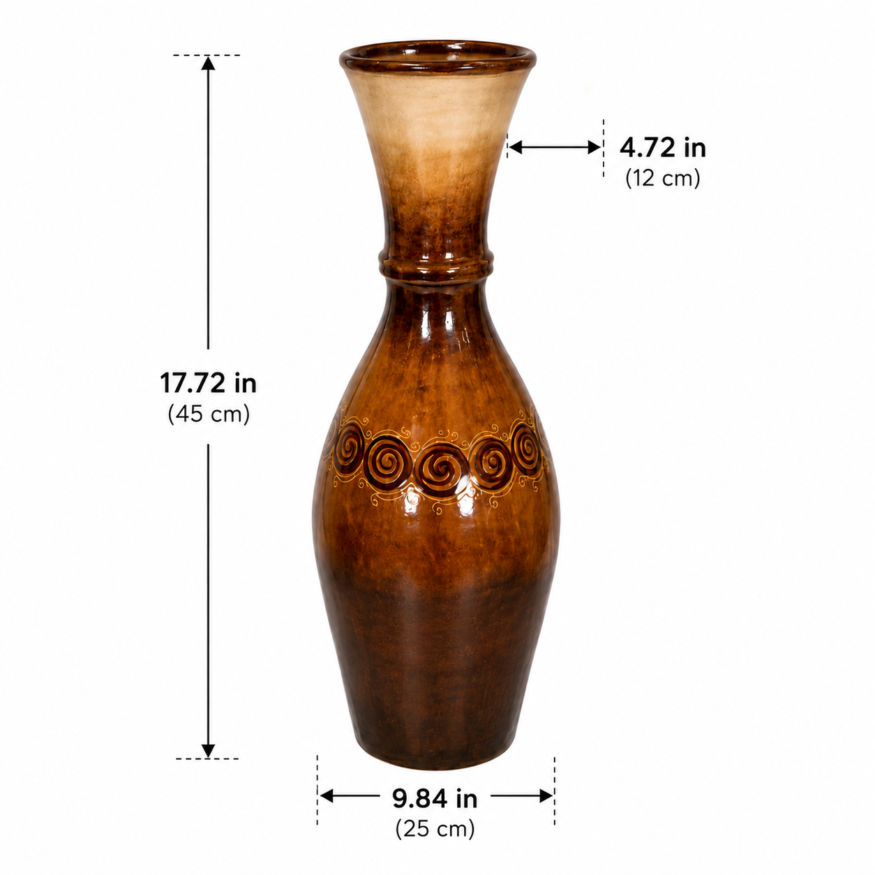 A brown ceramic vase with a glossy finish, featuring a flared neck, a decorative band of dark swirl patterns, and dimension labels showing its height of 17.72 inches (45 cm), neck width of 4.