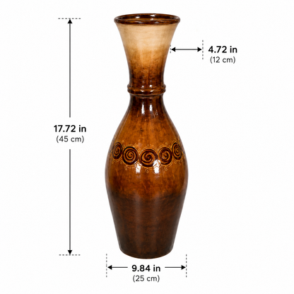 A brown ceramic vase with a glossy finish, featuring a flared neck, a decorative band of dark swirl patterns, and dimension labels showing its height of 17.72 inches (45 cm), neck width of 4.